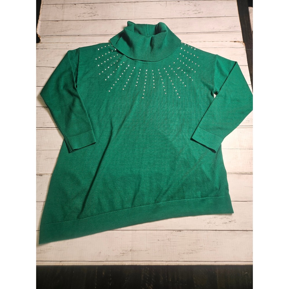 Slim Factor by Investments Green Rhinestone Cowl Neck Asymmetrical Sweater L NEW